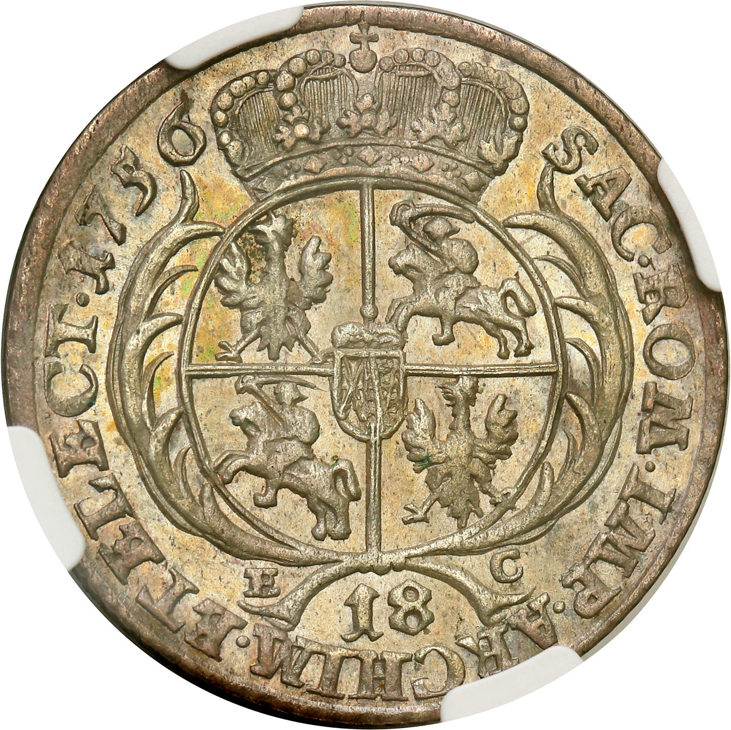 August III Sas. Ort (18 groszy) 1756 Lipsk NGC MS62 - PIĘKNY